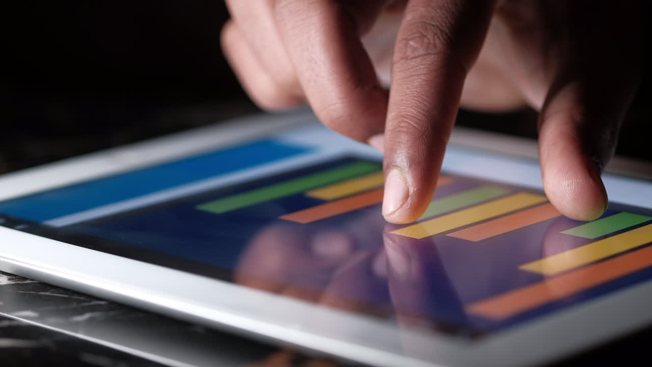 Person using a tablet to view bar graph data