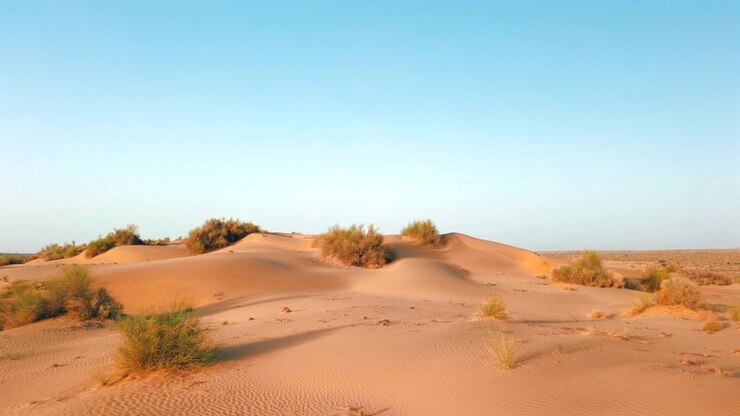 Cinematische push-in opname bewegend over zandduinen met windpatronen en schaarse vegetatie tijdens het gouden uur in de Thar-woestijn nabij Jaisalmer, Rajasthan, India