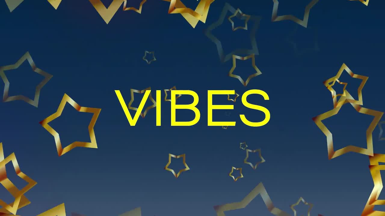 Animação de texto "vibes" sobre estrelas em fundo azul