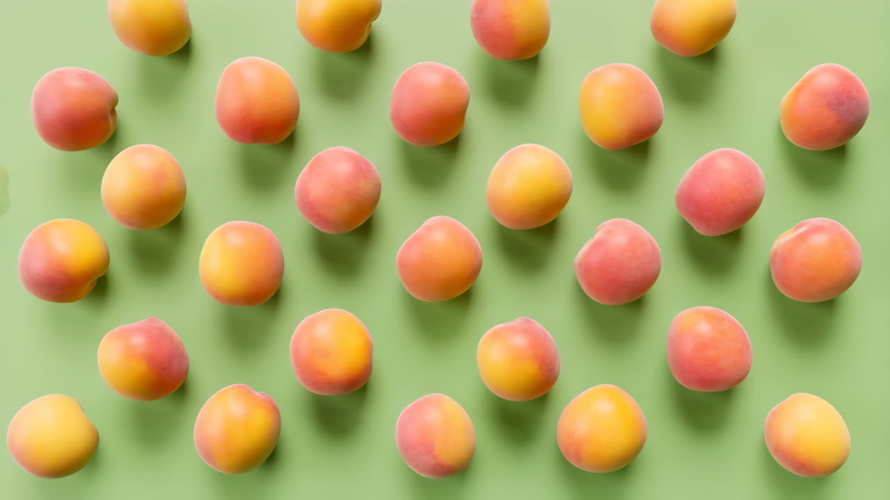 Pattern of Fresh Peaches on a Green Background