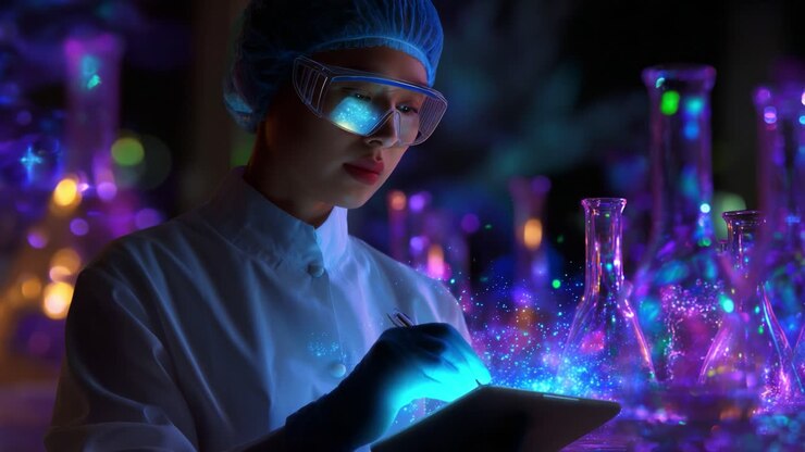 Um cientista em um laboratório, concentrado em um tablet digital enquanto está cercado por tubos de ensaio brilhantes, cria brilhos coloridos com as mãos, demonstrando a interseção da tecnologia e da exploração científica