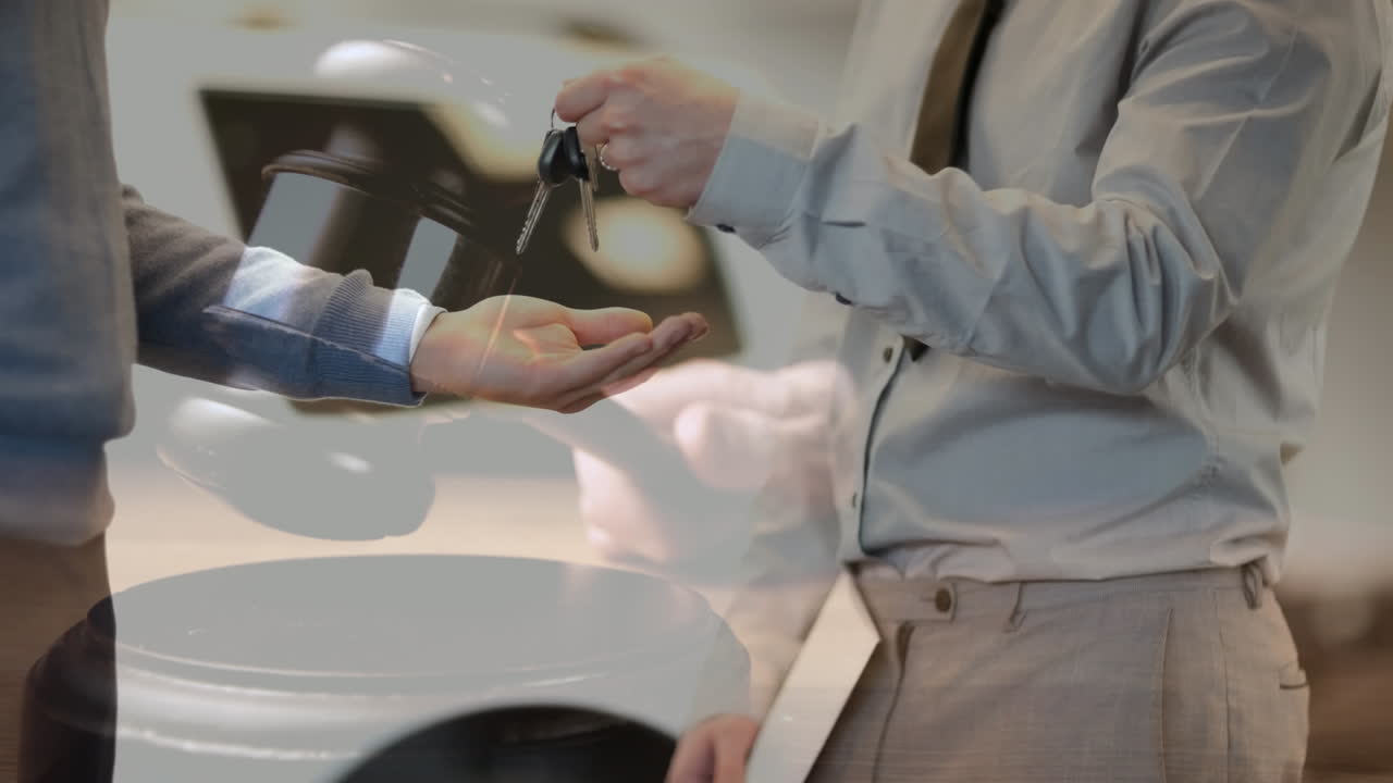 animación digital que muestra al ejecutivo de ventas dando las llaves del coche al propietario 4k