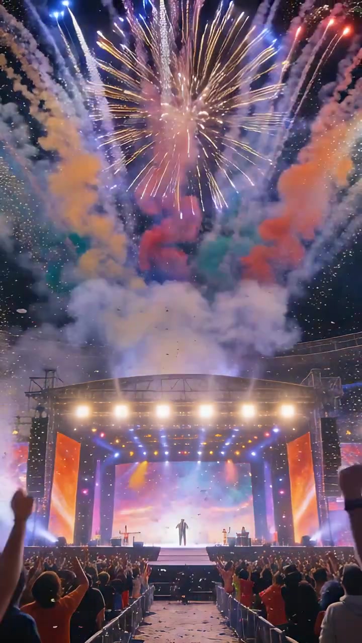 Video verticale: Artista uomo che conclude in piedi al centro del palco nello stadio, con fuochi d'artificio che vengono lanciati.