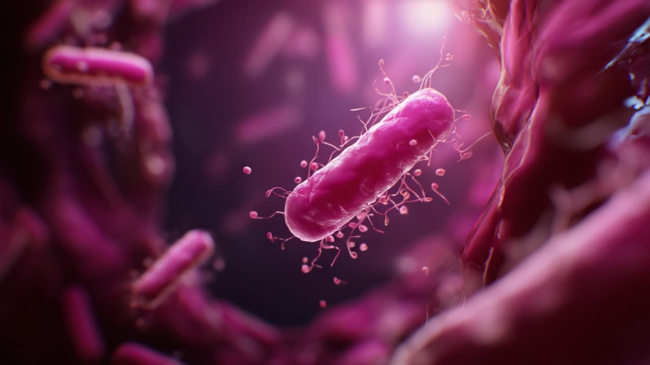 Microscopic View of Bacteria in a Vibrant Environment, Showcasing the Intricate Structures and Movement of Microorganisms Interacting Under High Magnification