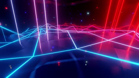 neon lineaire lampen met gradiëntglans van rood-blauwe kleur over een laag poly oppervlak waarop lichtgevende veelkleurige ballen vallen. 4k abstracte donkere creatieve achtergrond met neonlicht. verticale neon lampen 1