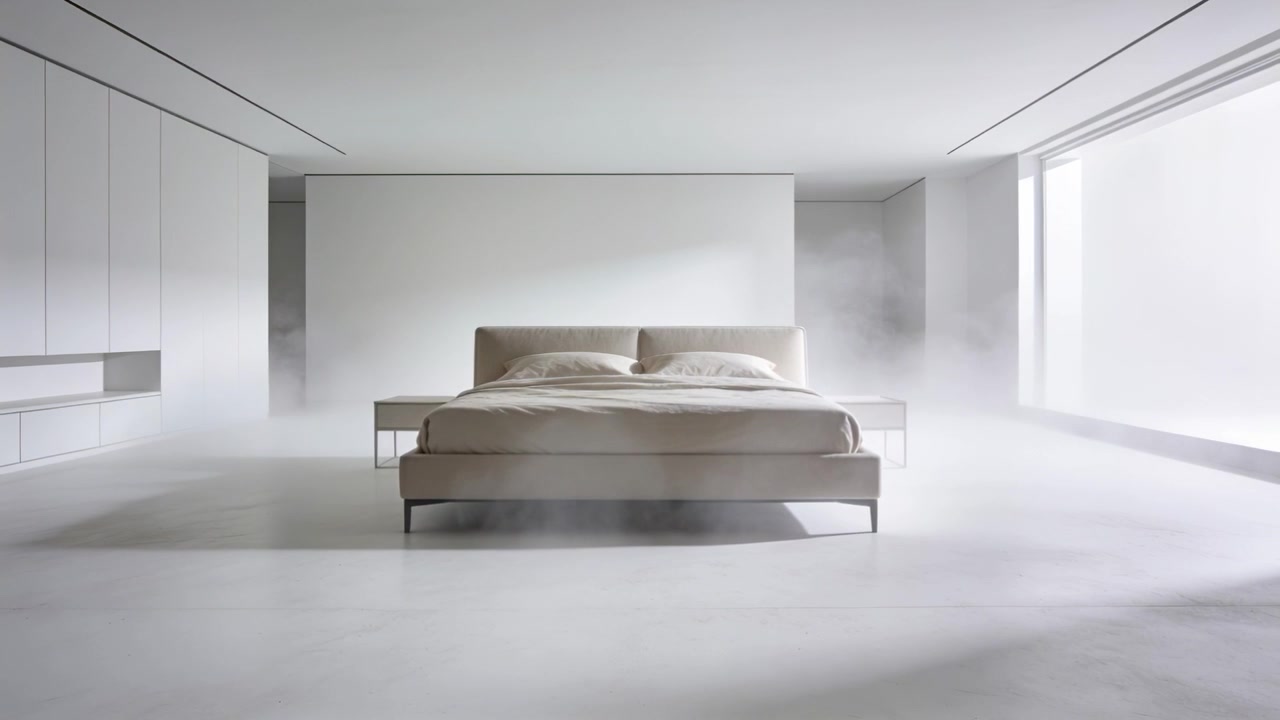 Nebbia bassa che si diffonde dalla finestra e si sposta su un pavimento liscio in una camera da letto luminosa, accumulandosi intorno al letto.