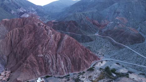 Hills-of-Seven-Colors,-Route-in-Purmamarca-Jujuy,-Argentina,-Aerial-View-of-Mountains-in-Quebrada-de-Humahuaca,-Rock-Formations,-Scenic-Travel-and-Tourism-Destination