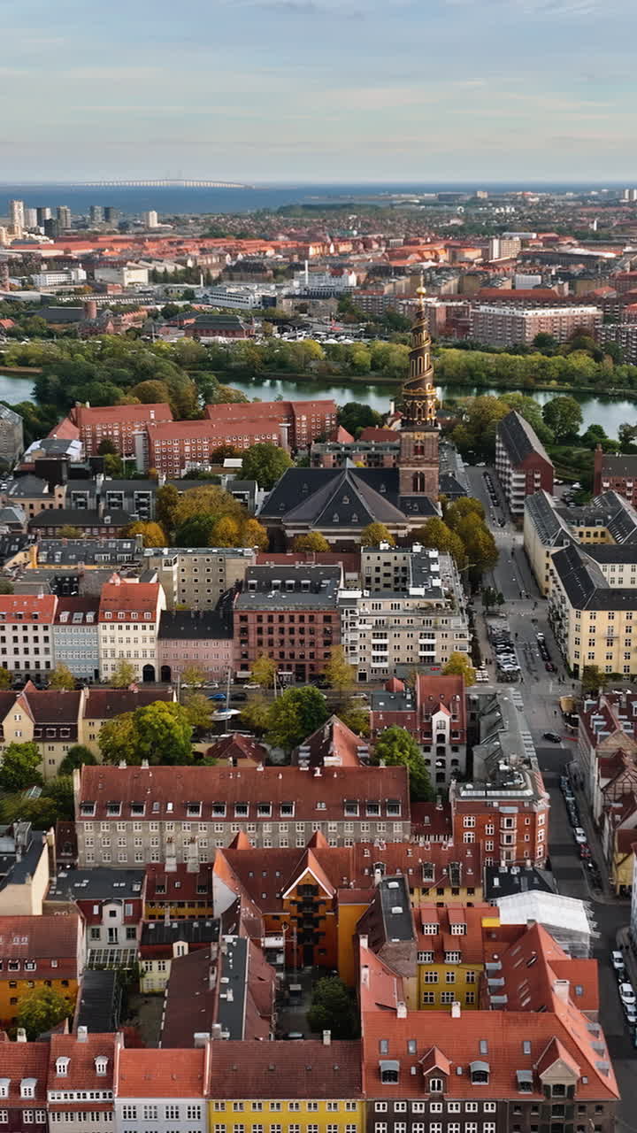 Aerial drone view of the Church of Our Saviour in the city centre of Copenhagen, Denmark in the evening. Vertical