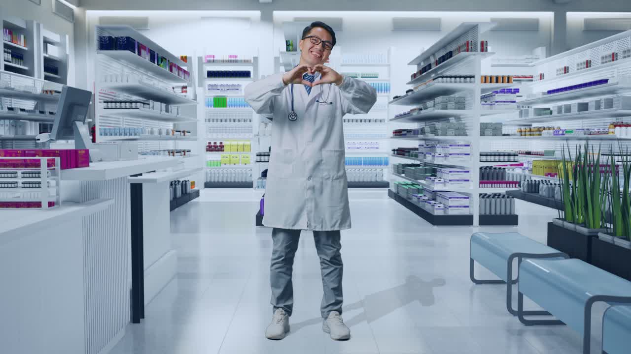 현대적 인 약국 에서 미소 짓는 약사