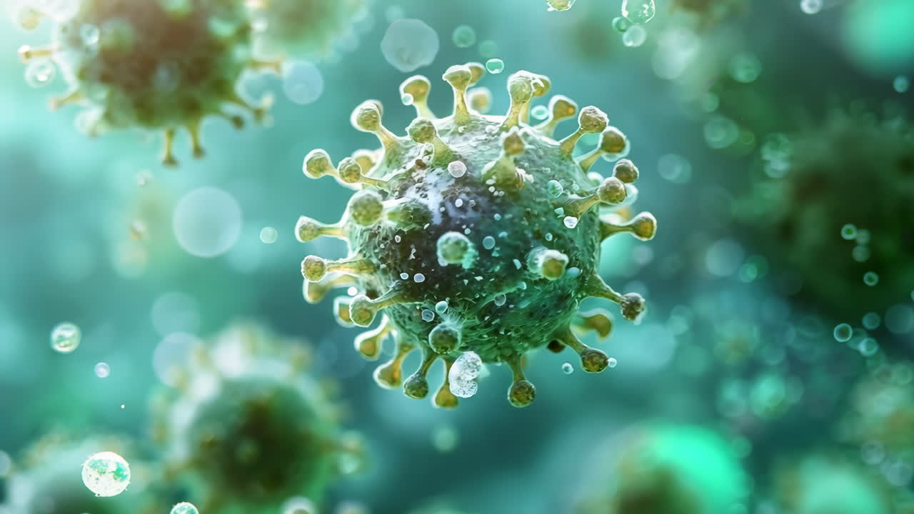 A close up of a green virus with a lot of bubbles surrounding it. The bubbles are in different sizes and are scattered all over the image