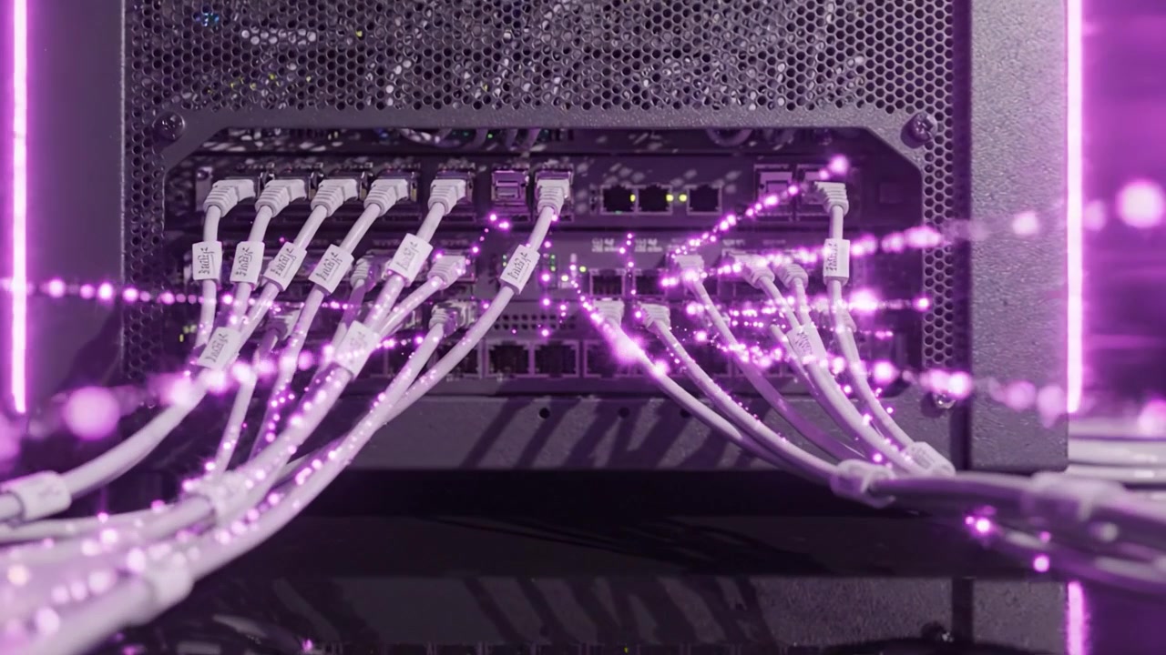 Advanced Networking System with Multicolored Lighting and Intricate Cable Management Showcased in Two Captivating Frames for Modern Technology Enthusiasts