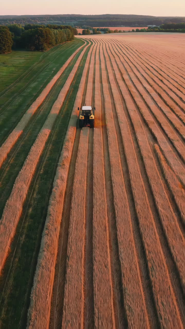 Aerial view of a tractor harvesting wheat at sunset