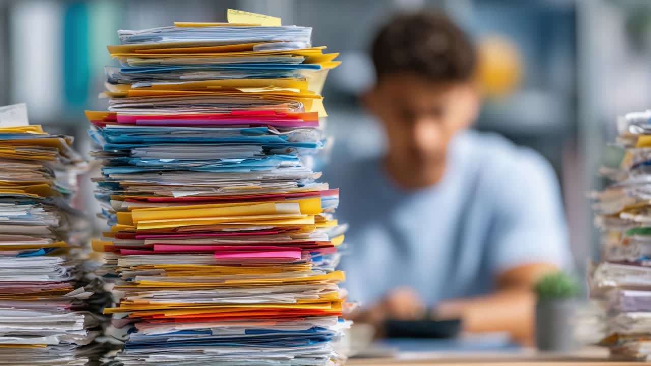 A Sea of Paperwork: Capturing the Energy of Organization Amidst a Mountain of Files and the Focused Mindset of a Person Navigating Their Tasks