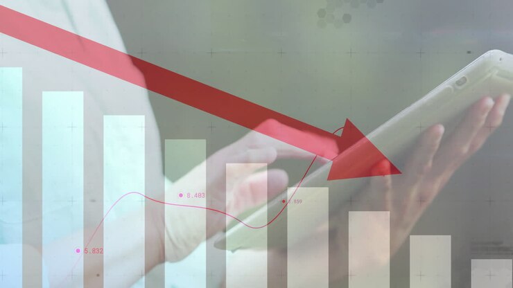 Animation of financial data processing over caucasian businessman using tablet