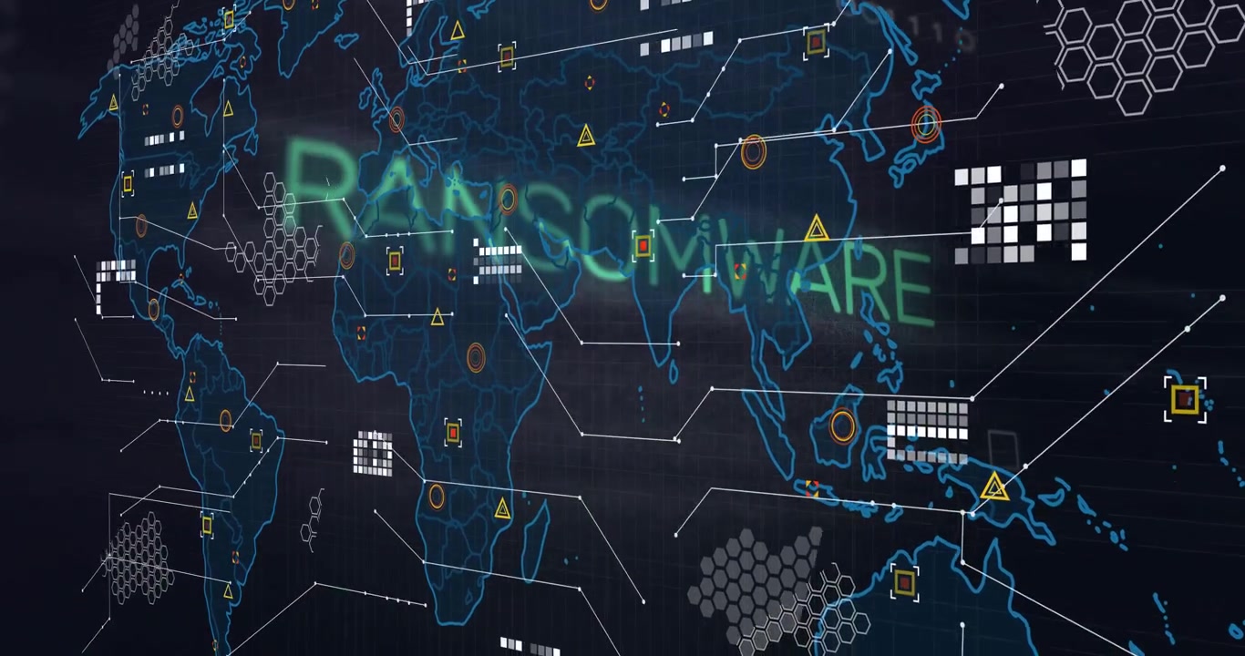 Fading letters initiating RAA morphing into RANSOMWARE, connecting data nodes for network world map