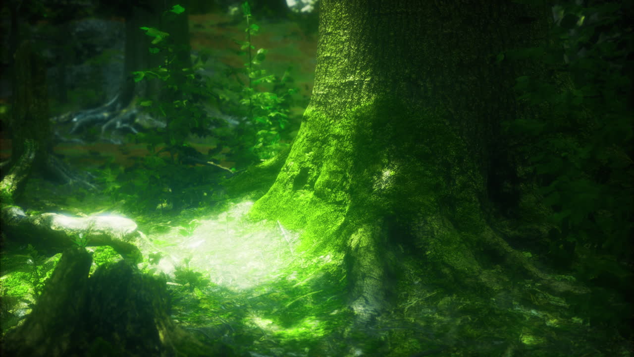 Majestic tree trunk surrounded by lush greenery in a serene forest setting