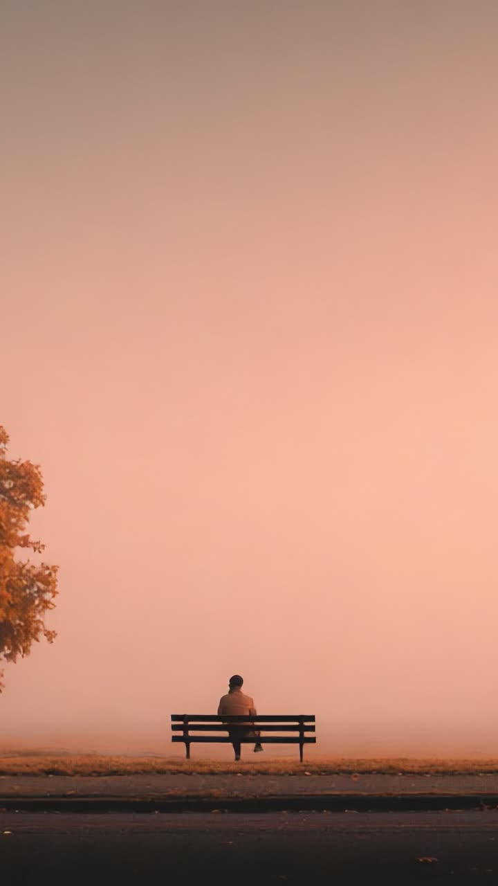 A solitary figure sits on a bench in a serene landscape enveloped by a gentle, misty fog during twilight, creating a peaceful and reflective atmosphere