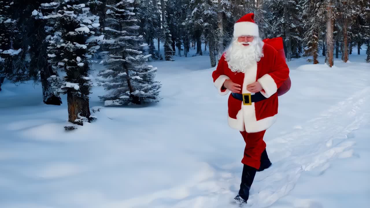 산타클로스가 눈 인 숲에서 고 있다