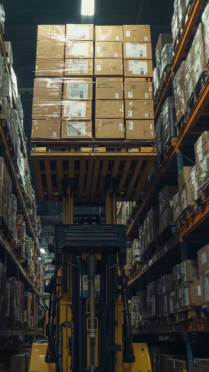 Vertical video: Mast extending, yellow forklift lifting pallet of boxes to top rack, warehouse
