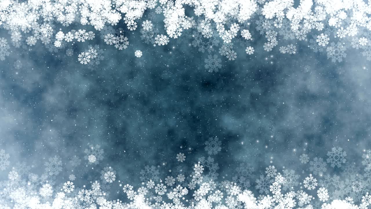 sfondo del telaio di natale. biglietto video di auguri per il nuovo anno con fiocchi di neve luminosi, stelle e neve.