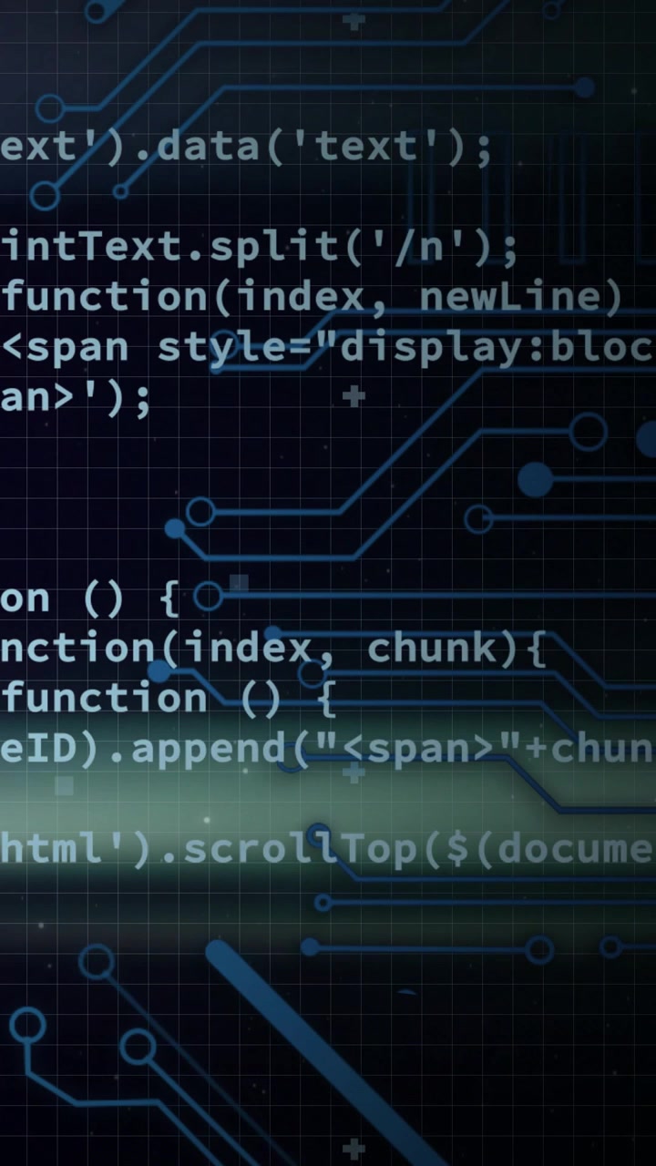 Vertical video: Center circuit graphic reacting to luminous band, revealing code traces for HUD