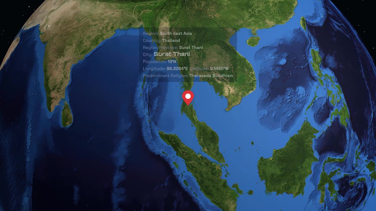 Digital globe rotates and zooms into Southeast Asia, highlighting Surat Thani with geographic information text