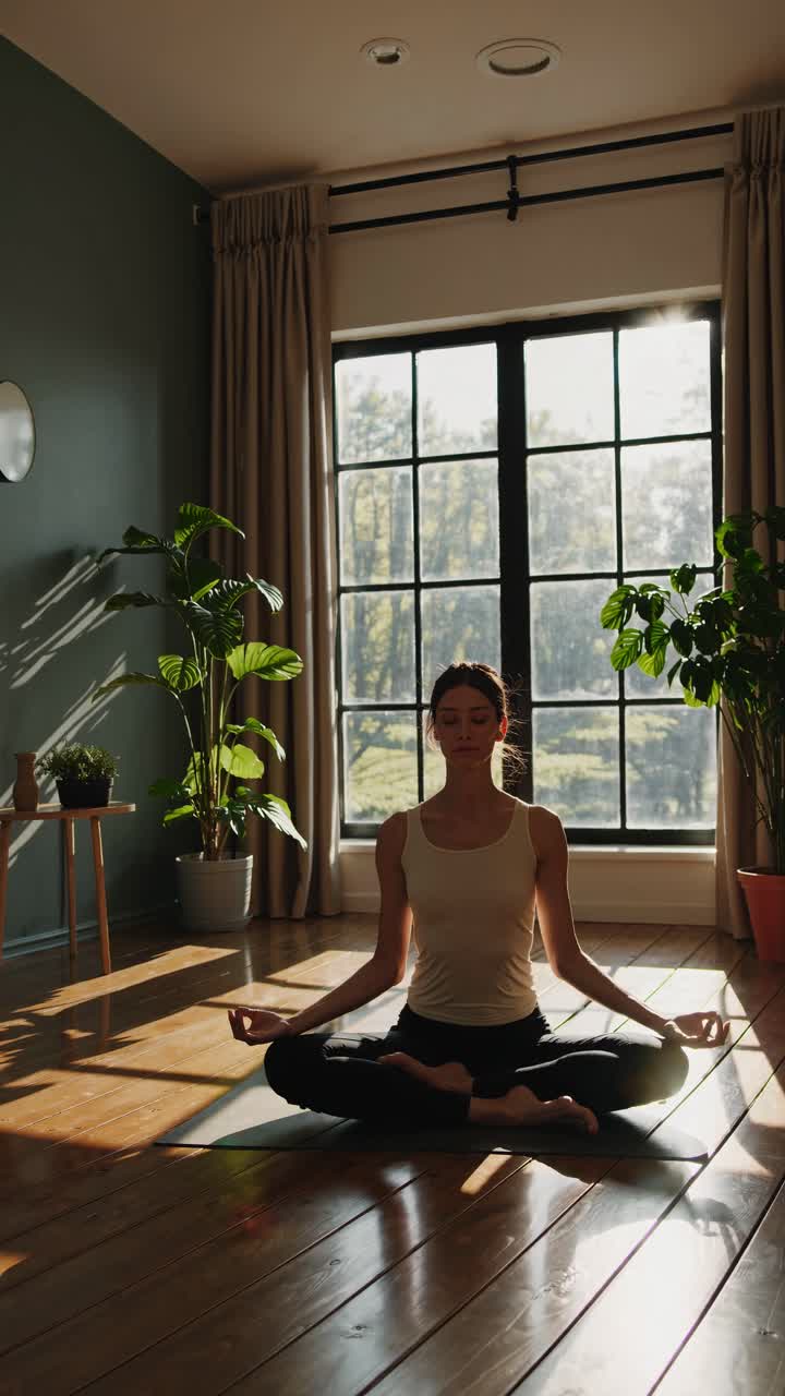 A serene video scene of a woman meditating in a sunlit room