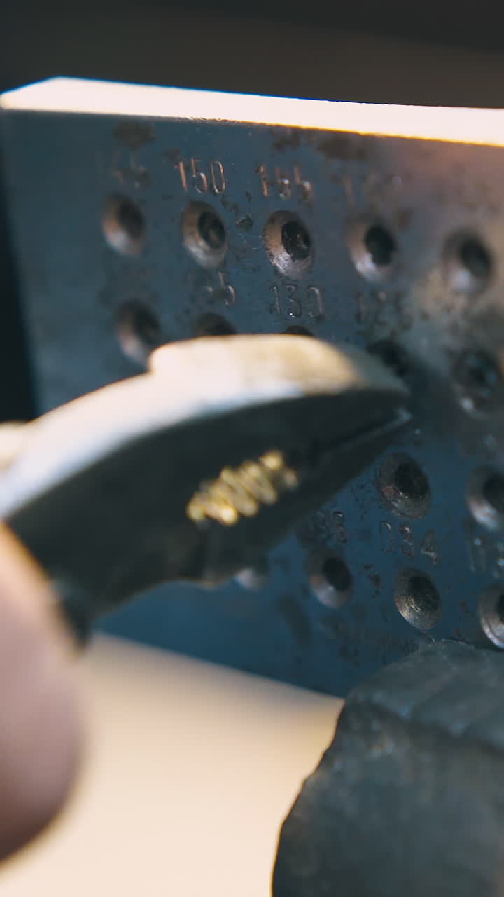 CU: professional jeweler pulls white gold rod through hole of metal tool die with pliers at workplace close view