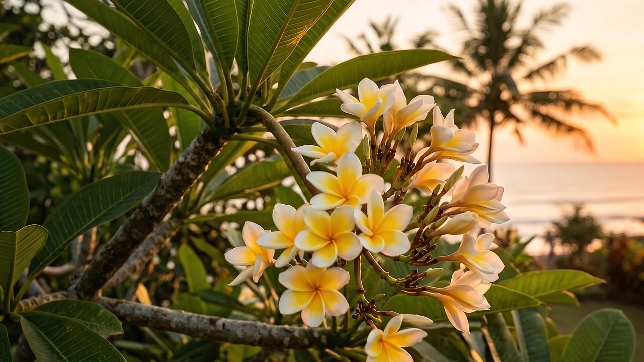Fiori di Plumeria che sbocciano al tramonto in spiaggia