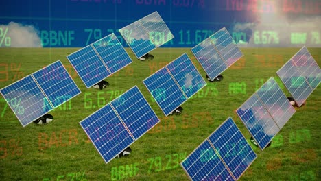 Animation-of-trading-board-and-solar-panels-on-green-landscape