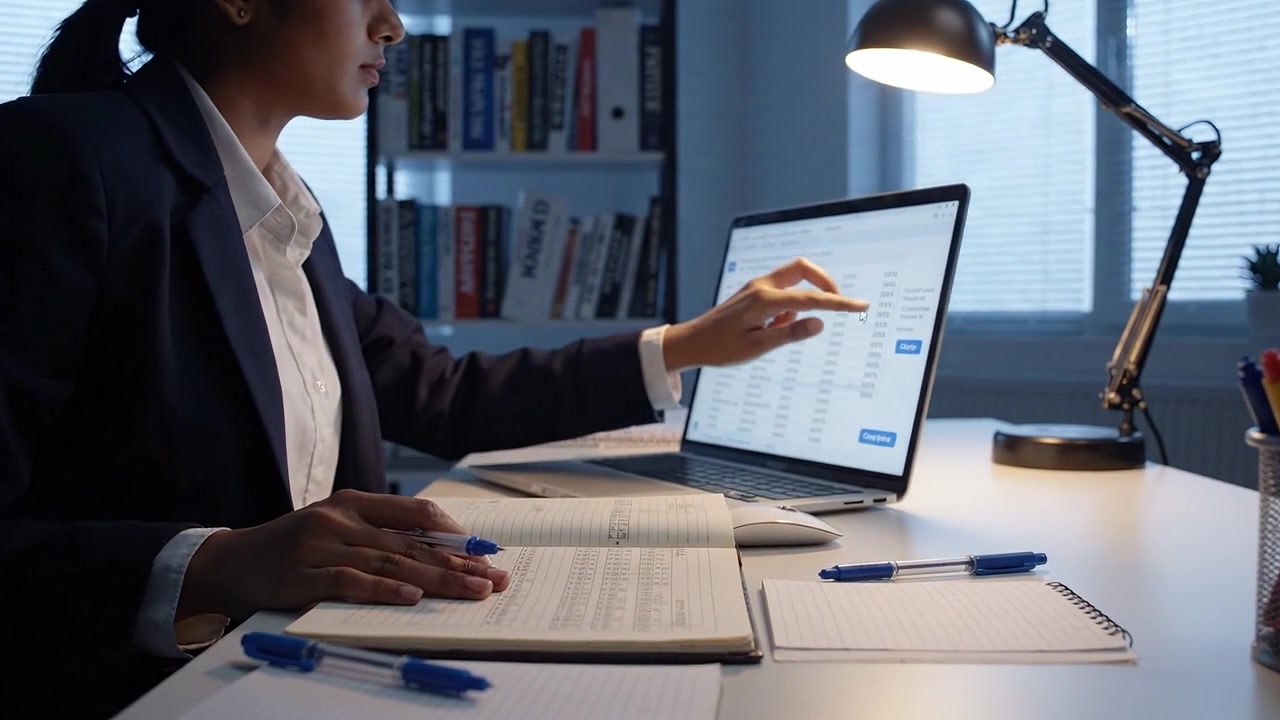 Focused Professional Analyzing Data with Pen and Notebook Next to Laptop in Well-Lit Office Environment Enhancing Productivity and Organization