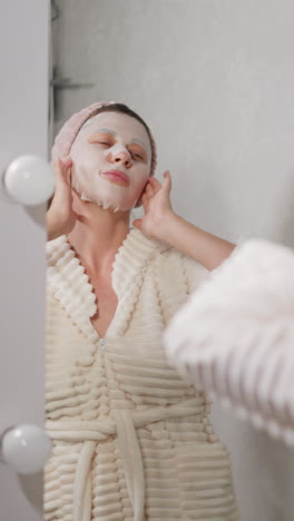 mujer en bata se mueve a la música después de lavarse en el baño. mujer enérgica en bata baila vigorosamente después de procedimientos cosméticos en la ducha