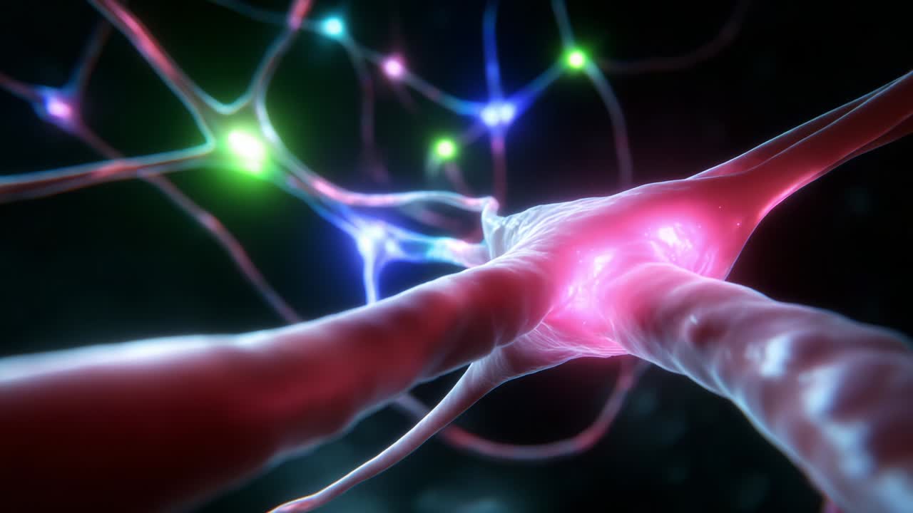 Intricate Close-Up of Neurons and Synaptic Connections, Showcasing the Complexity of Neural Networks with Colorful Synaptic Fluorescence Illuminating the Structure of the Nervous System