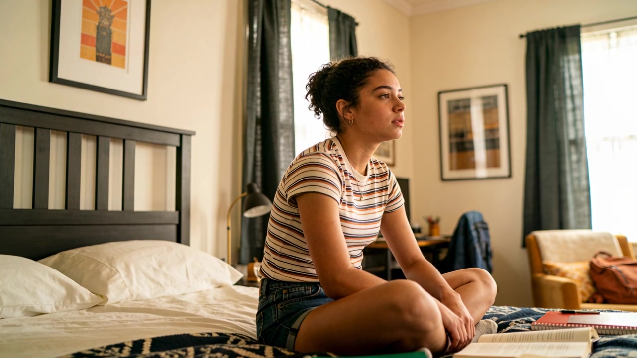 Studente in pausa sul letto con maglietta a righe e pantaloncini di jeans, il sole che attira lo sguardo, rifocalizzandosi sugli appunti.