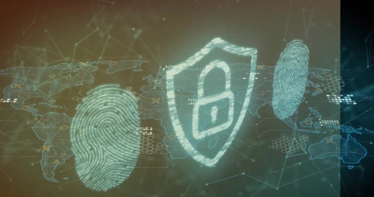 Animation of security padlock and biometric fingerprint scanner over world map and data processing