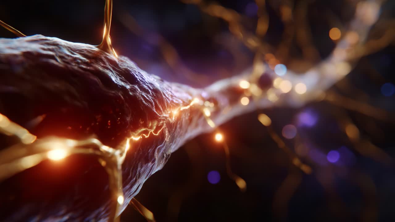 A Detailed Visualization of Neural Connections Highlighting the Complex Structure and Functionality of Nerve Fibers and Electrical Signals in Neurobiology