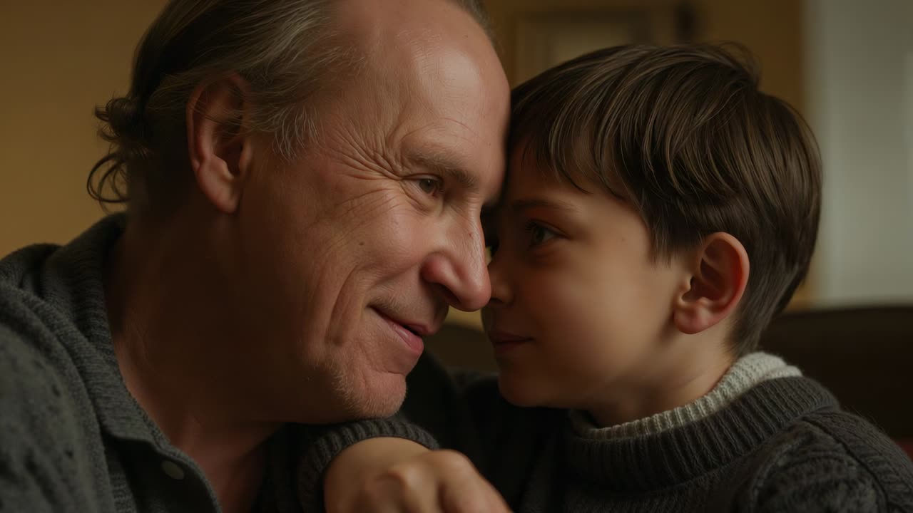 Pressing foreheads, senior man and child closing eyes and bonding on couch, wearing knit sweaters