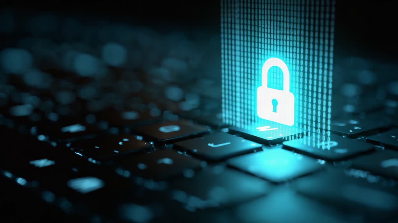 Rappresentazione Visiva della Cybersecurity con Icona di Lucchetto Digitale che Emerge da una Tastiera, Simboleggiando la Protezione dei Dati e la Privacy nell'Era Digitale