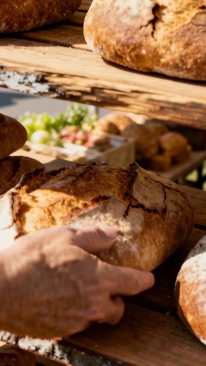 Vertical video: Customer hand reaching, lifting loaf on middle shelf in market, inspecting crust