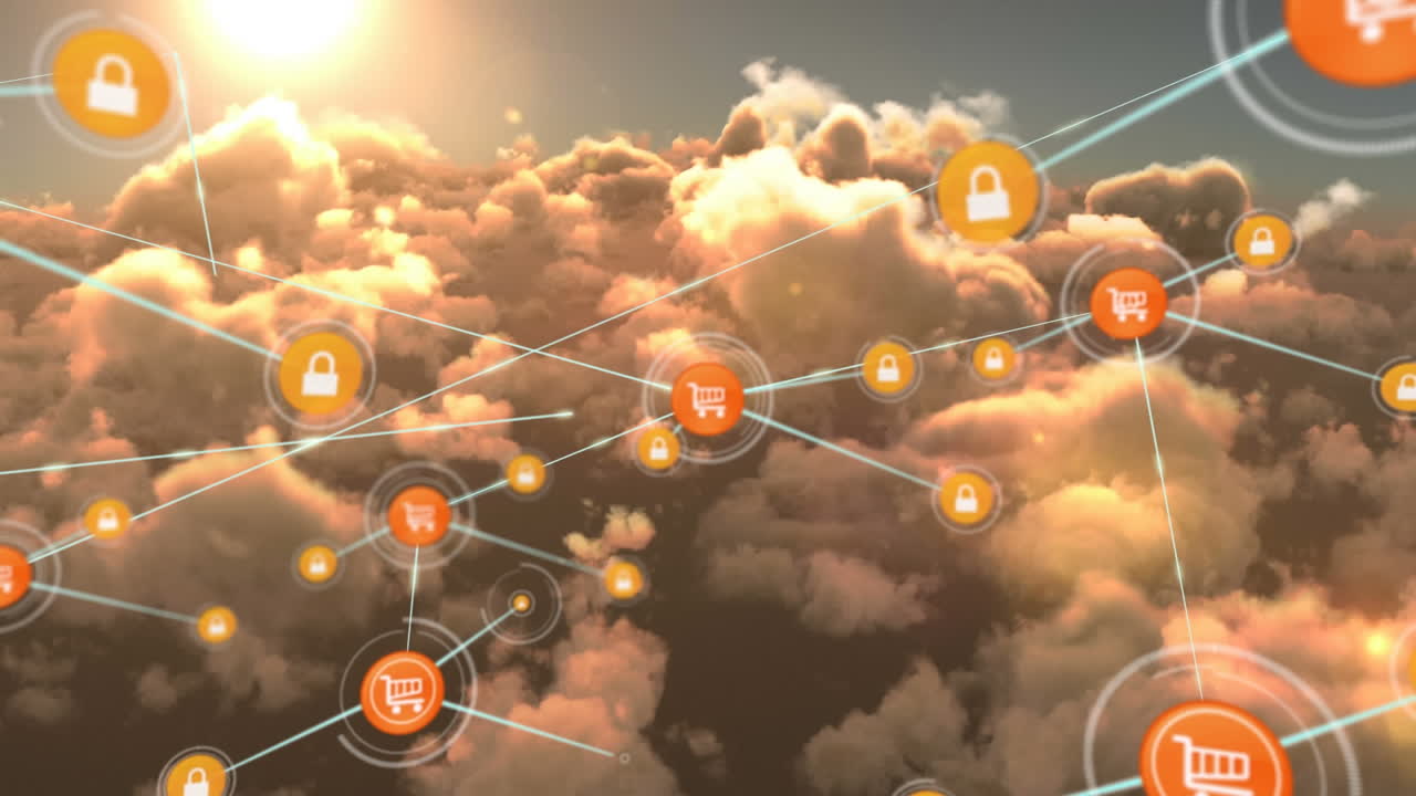 redes de conexiones con iconos sobre un cielo nublado
