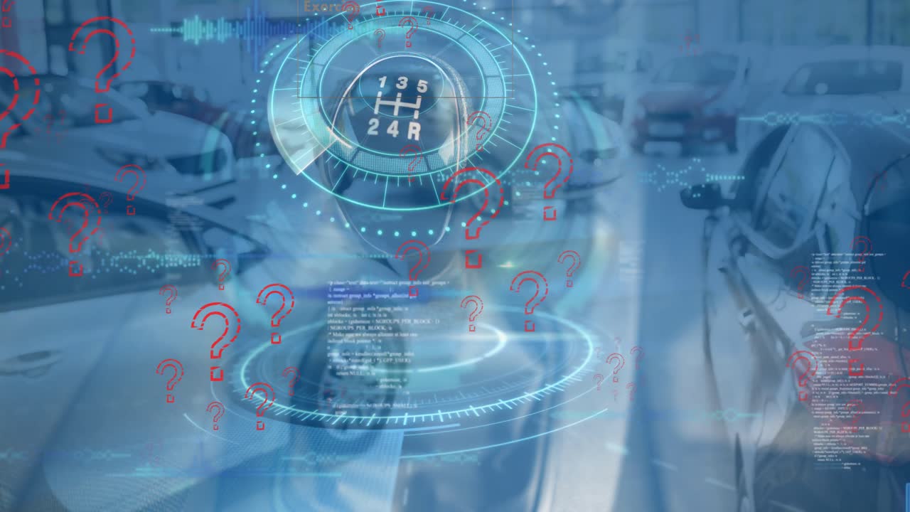Animation of question marks, data processing and gear over cars