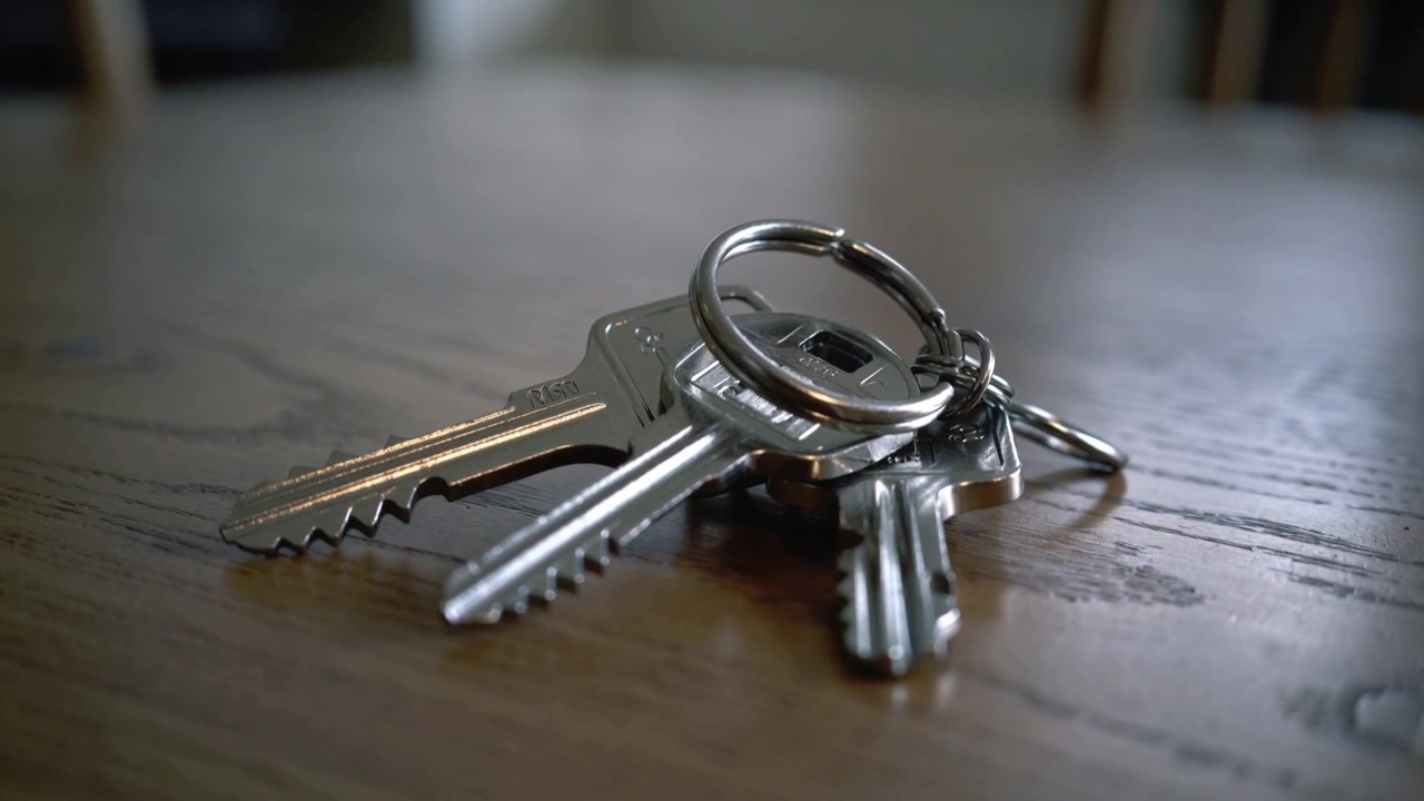 Showing camera focusing on metal keys on split key ring on wooden tabletop, revealing scratches