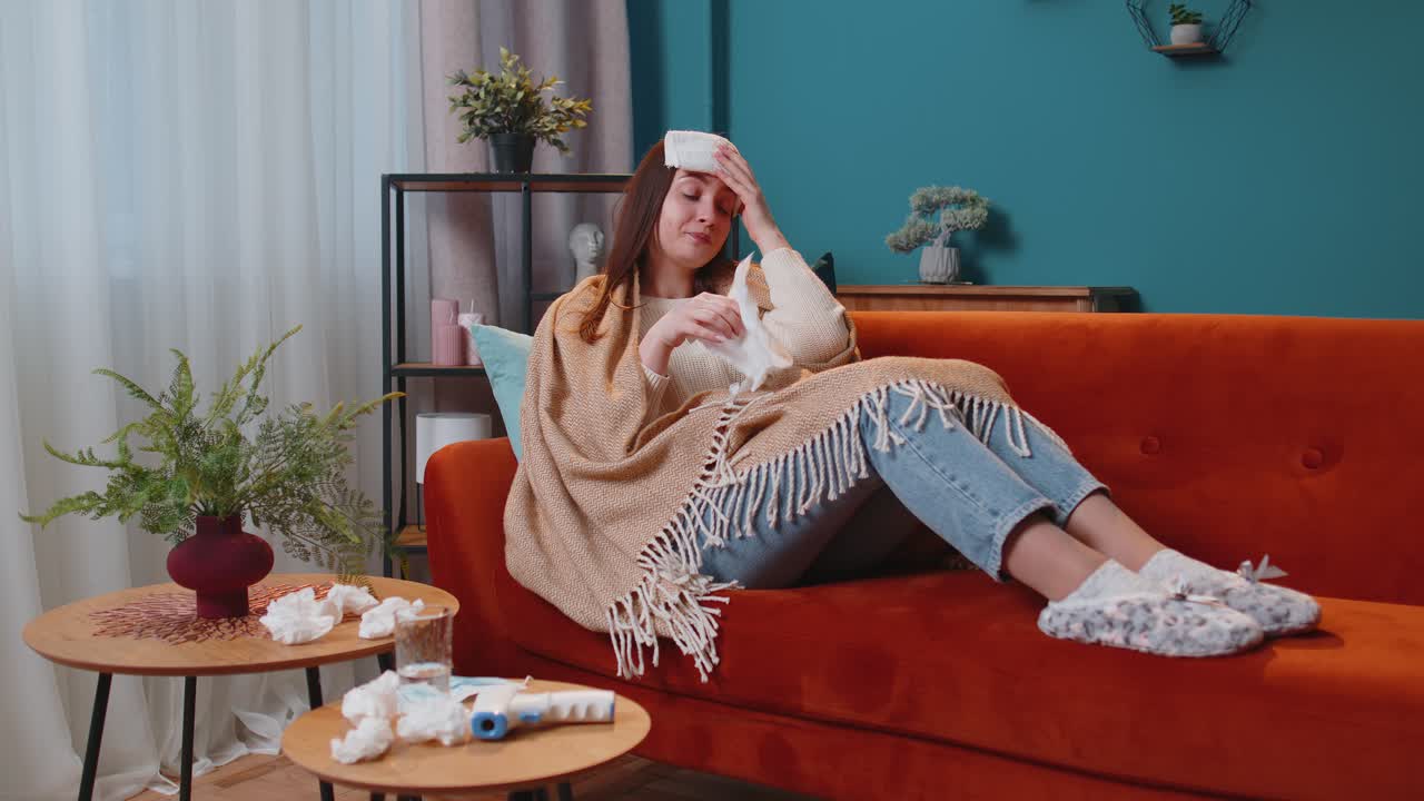 집 의 거실 에서 소파 에 누워 있는 플레이드 의 감기 나 알레르기 를  ⁇ 고 있는 젊은 여자 의 초상화