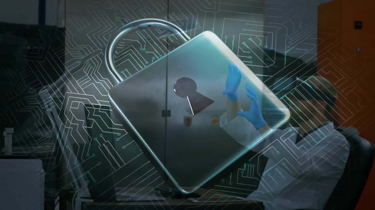 animación del candado de seguridad en línea sobre el científico con auriculares vr