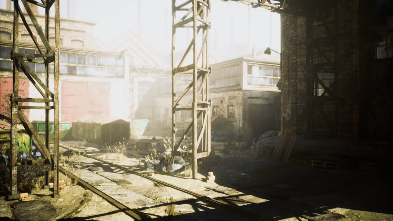 Abandoned industrial area bathed in bright sunlight with debris and shadows