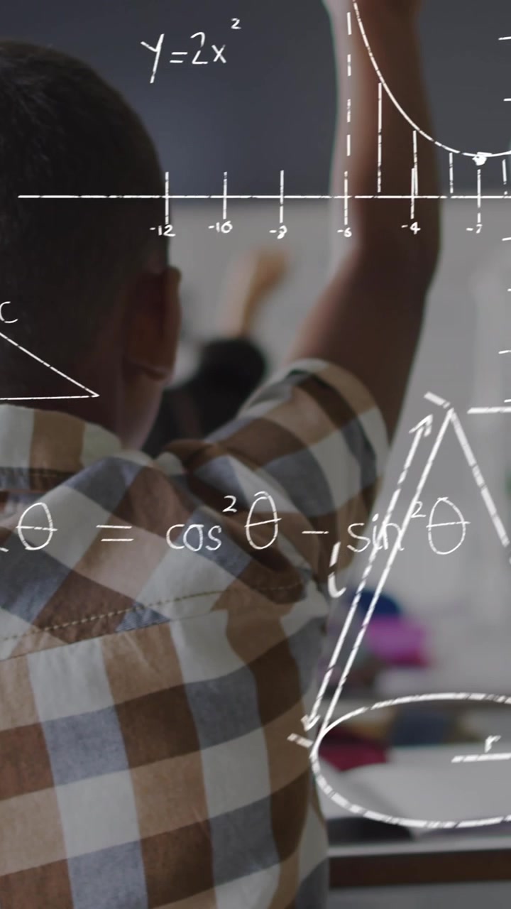 Animation of maths calculations over african american male teacher and pupils raising hands in class
