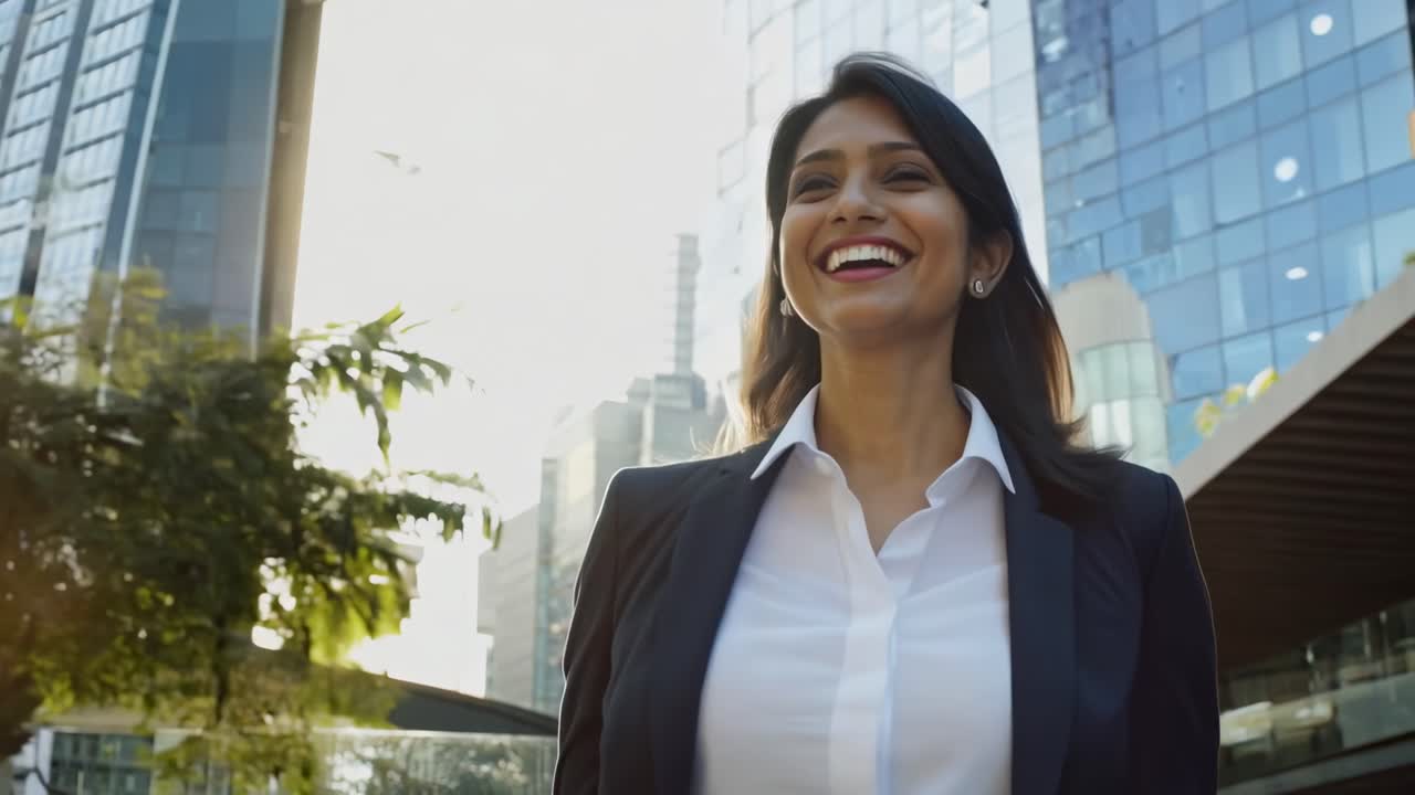 Low-angle video of a confident woman in business attire smiling in an urban setting, with modern