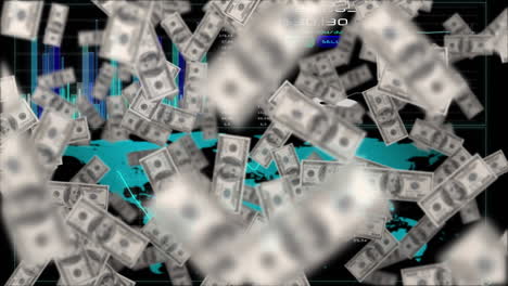 animation of american dollar banknotes falling over statistics and data processing
