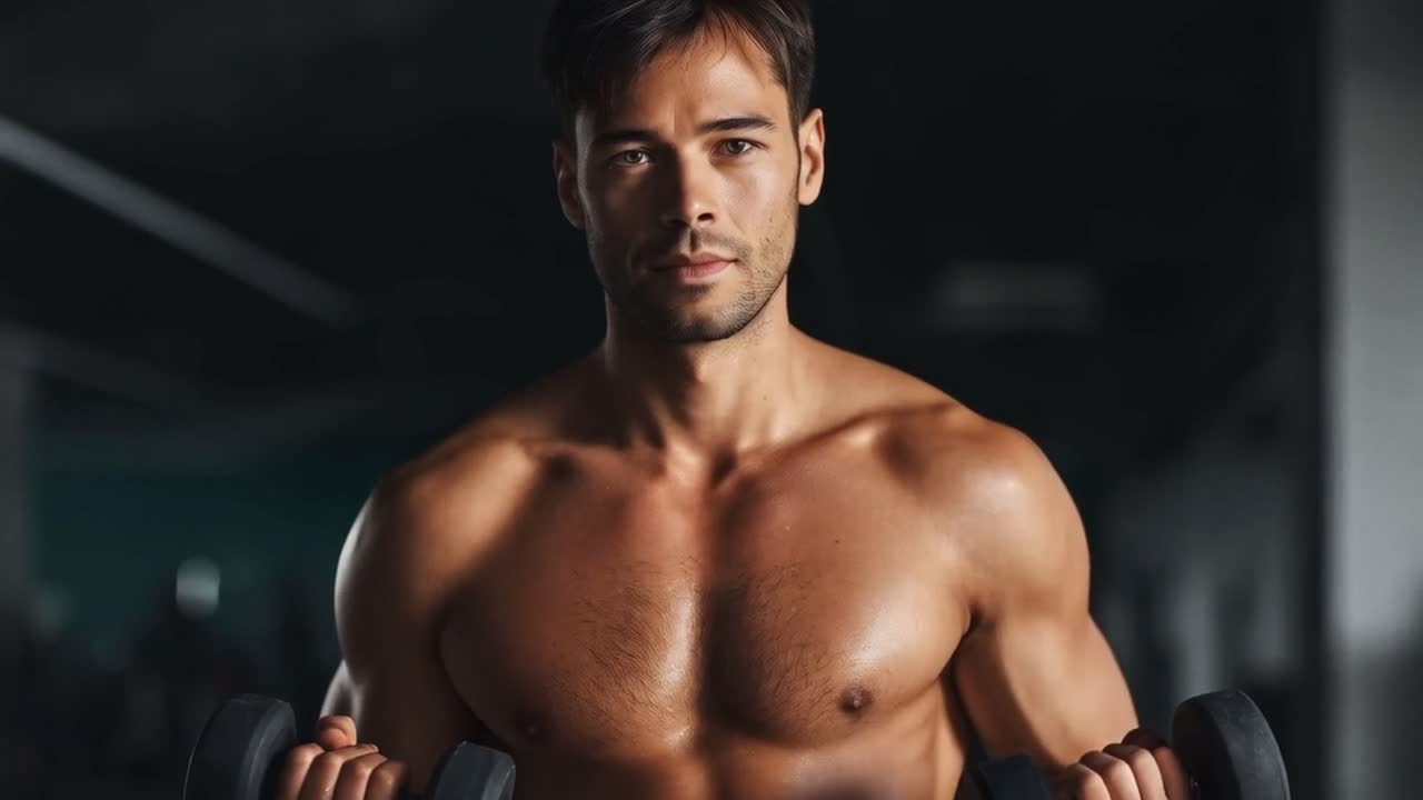 Fit and Muscular Man Working Out with Dumbbells