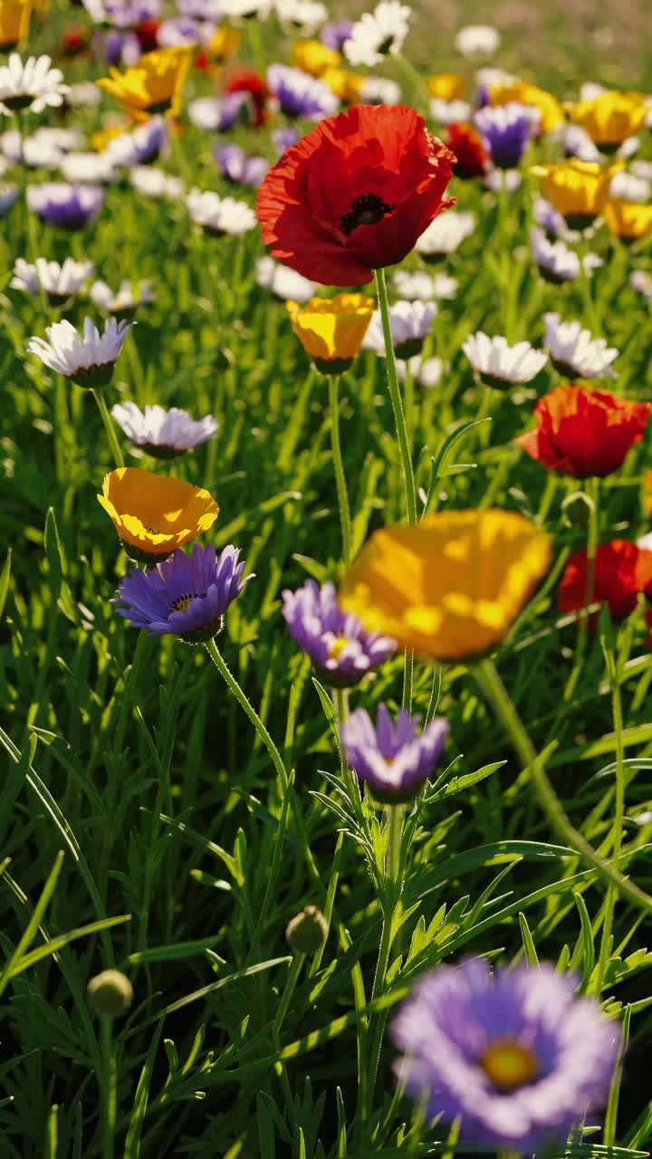 Fiori di campo vivaci in un prato, catturati da un angolo basso, che mostrano petali colorati alla luce del sole